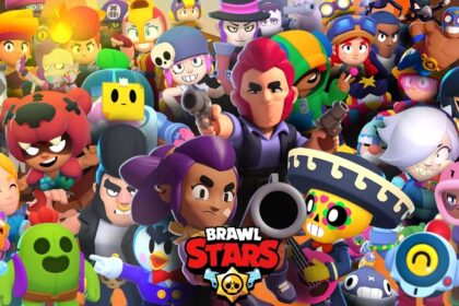 Imagem mostra uma foto com personagens coloridos e logo do game mobile Brawl Stars