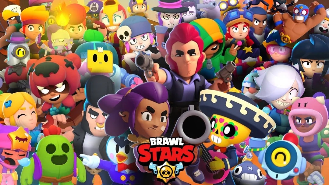 Imagem mostra uma foto com personagens coloridos e logo do game mobile Brawl Stars