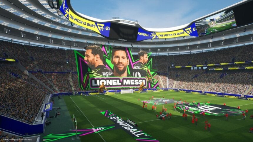 Imagem mostra um estádio com faixas para Lionel Messi no eFootball, da Konami