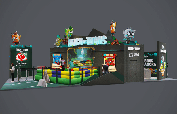 Imagem mostra uma ilustração de como será o estande de Reign of Titans na BGS 2025
